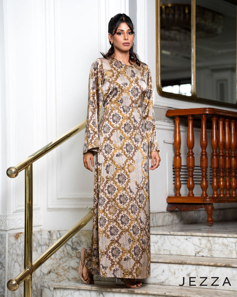 Satin Dress with Printed Statement Sleeves 62782